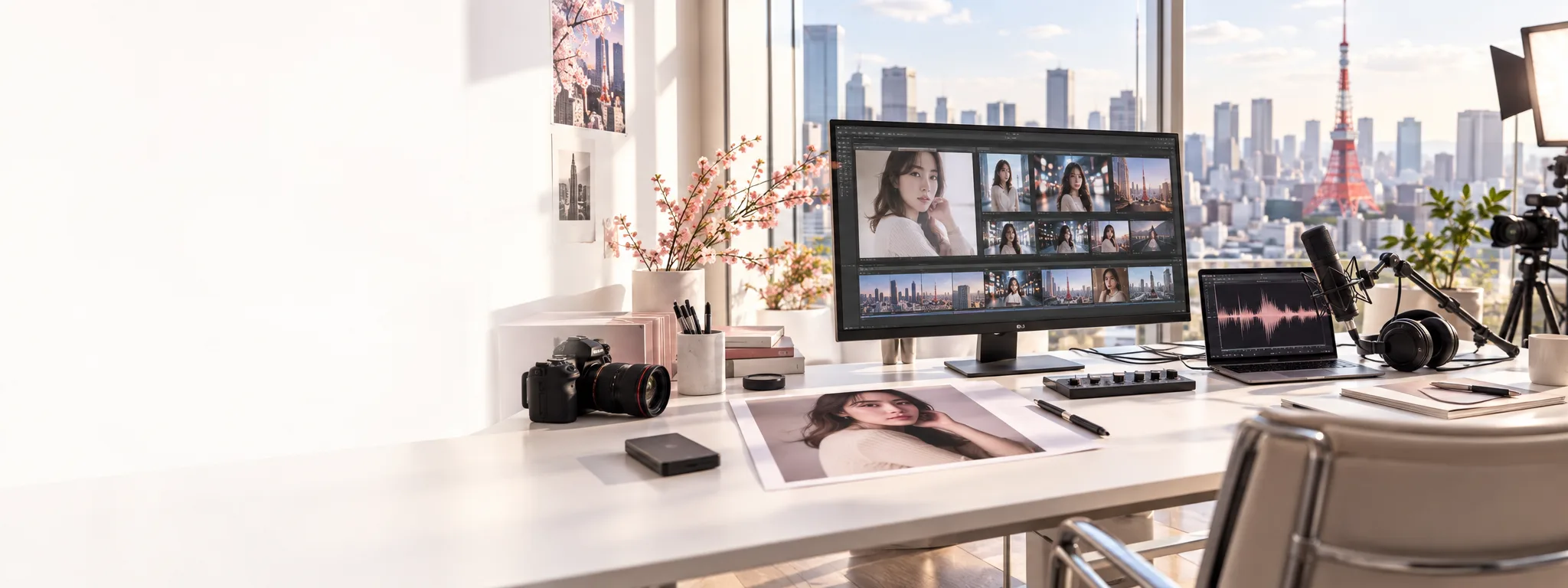 Sunlit Tokyo production studio with video, image and audio workstations